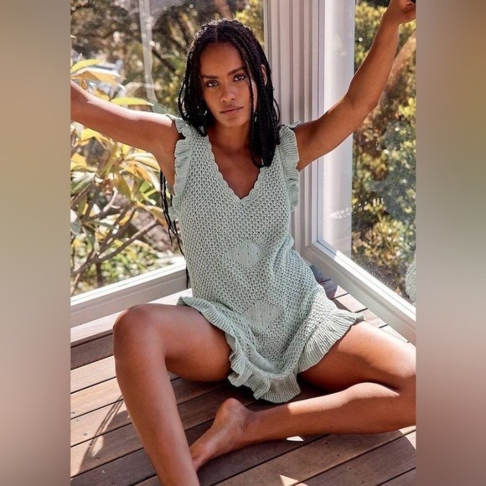 FP Beach Mykonos Mini Dress Women Large Green Crochet Ruffle Boho Resort Coverup